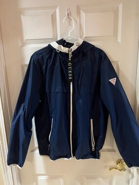 GUESS Navy Jacket with White Trim and Hood